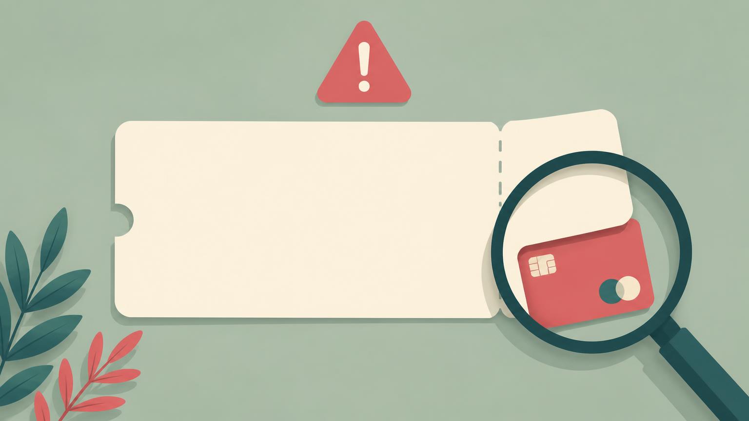 Boarding pass with lightning bolt and warning triangle beside a credit card and magnifying glass