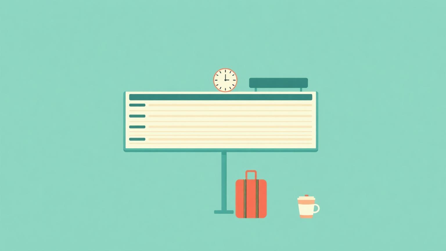 Illustration of an airport departure board with a clock, suitcase, and coffee cup