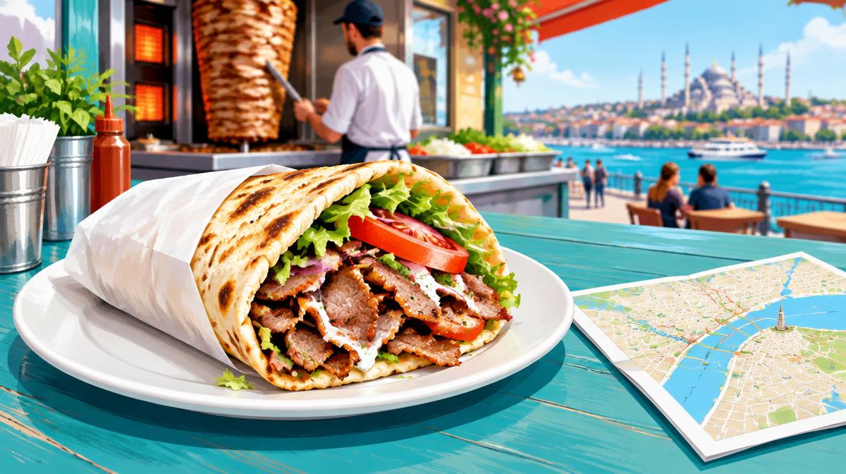 Illustration of a kebab wrap at a takeaway counter beside a travel map