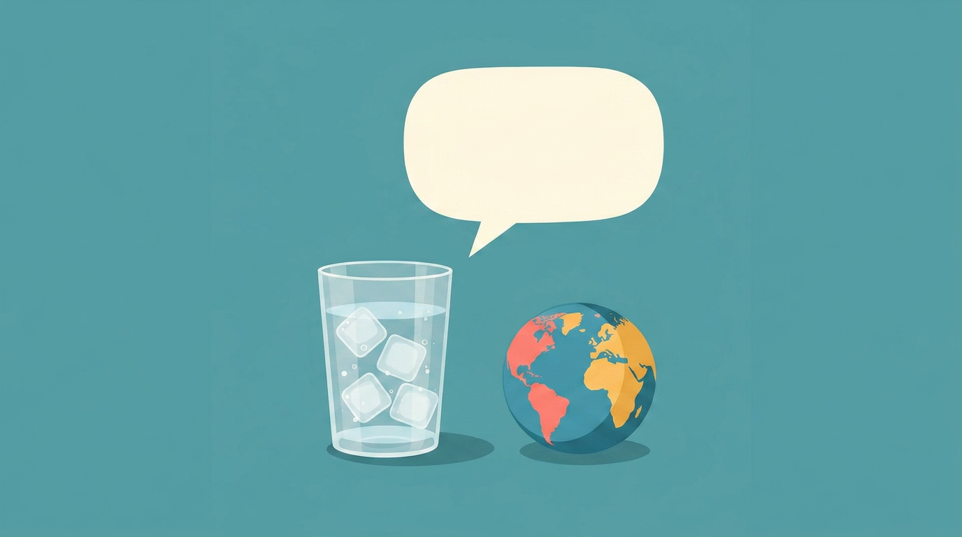 Illustration of a glass of water with ice next to a globe and speech bubble