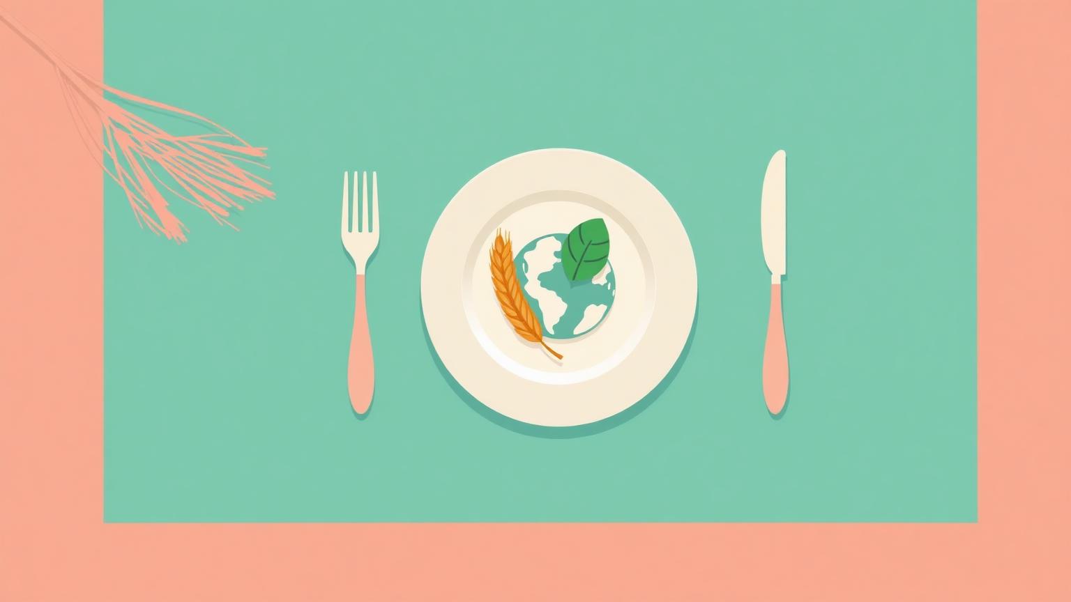 Illustration of a dinner plate with a leaf, wheat sprig, and small globe