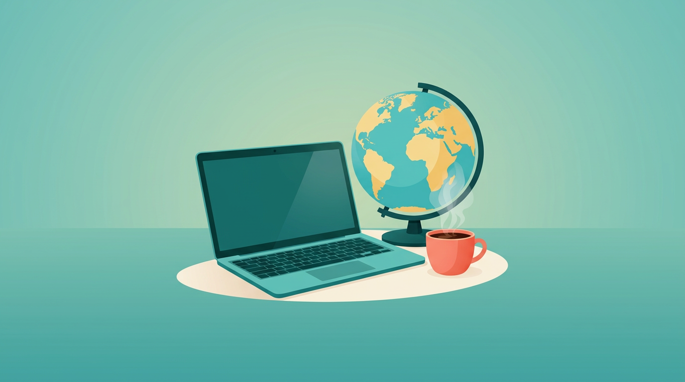 Illustration of a laptop, globe, and steaming coffee cup