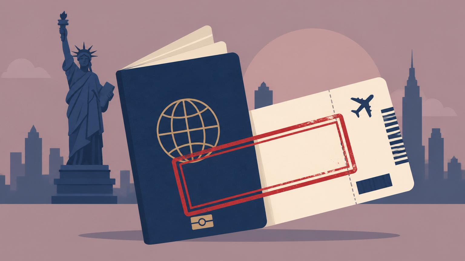 Passport, boarding pass, and a red revoked authorization stamp over a stylized US skyline