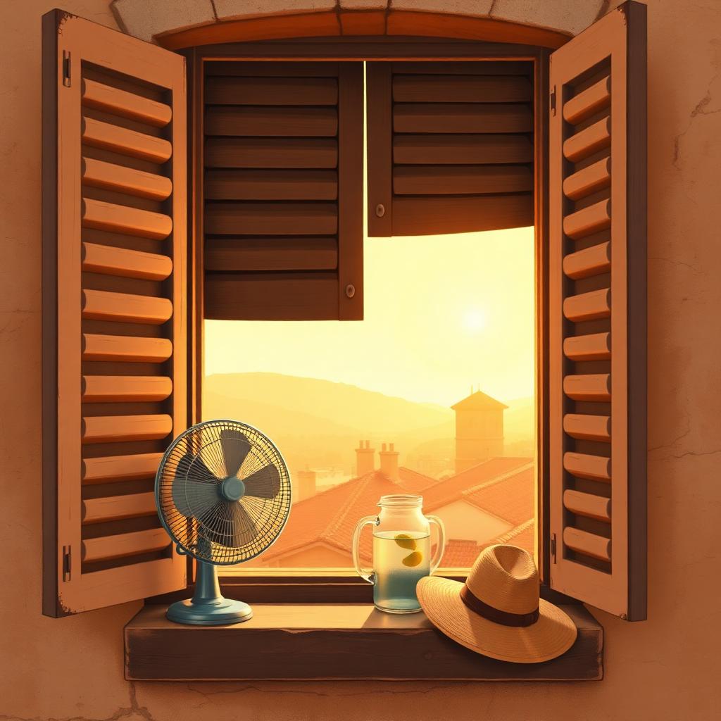 Shuttered European window at golden hour with a small fan, water pitcher, and straw hat on the sill