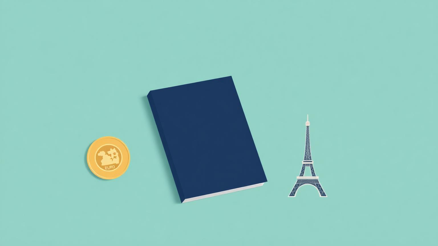 Illustration of a navy passport, euro coin, and Eiffel-tower silhouette