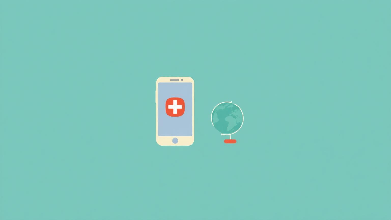 Illustration of a smartphone showing a red emergency cross next to a globe
