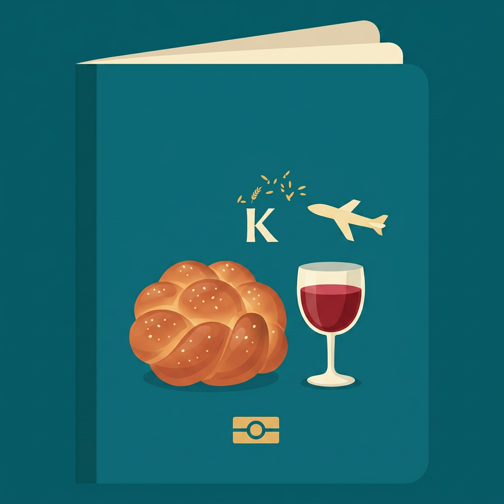 Illustration of a passport with kosher food icons — challah, wine cup, and airplane