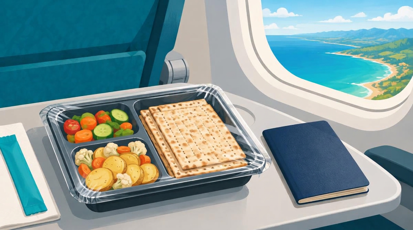 Illustration of a wrapped airline meal tray with matzah, sliced potatoes, and vegetables beside an airplane window