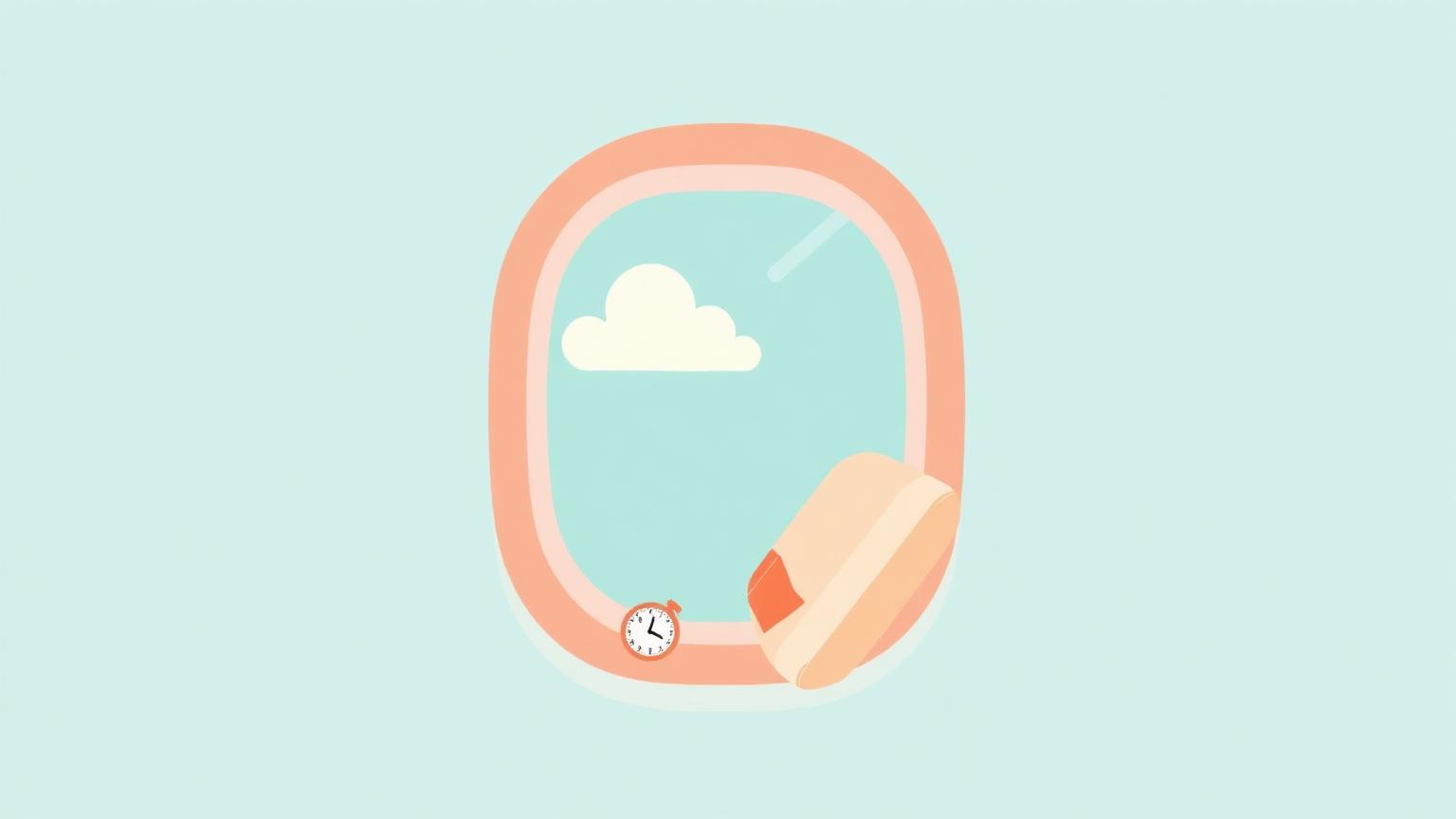 Illustration of an airplane window with a cloud, neck pillow, and clock