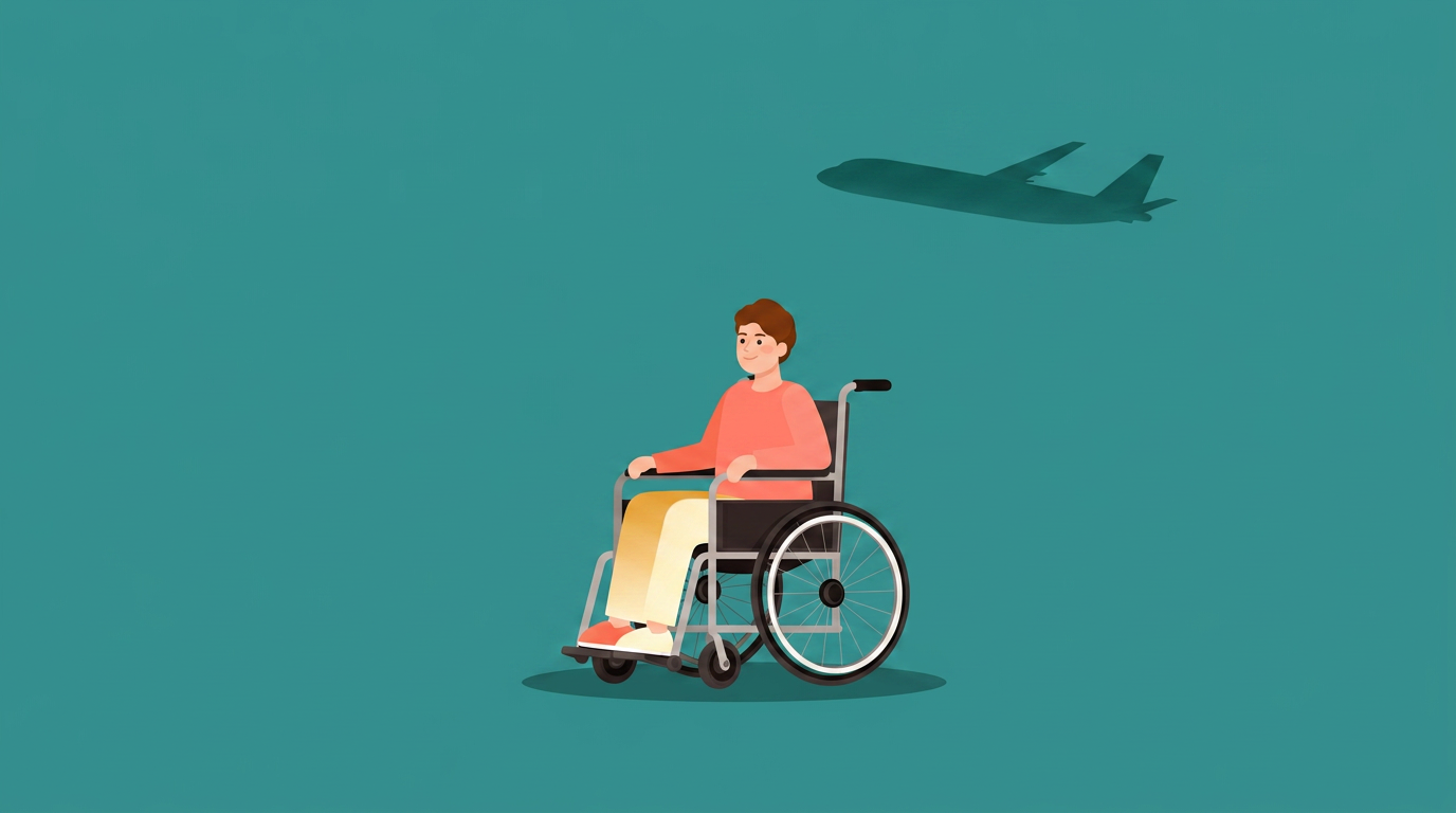 Illustration of a person in a wheelchair with an airplane in the sky