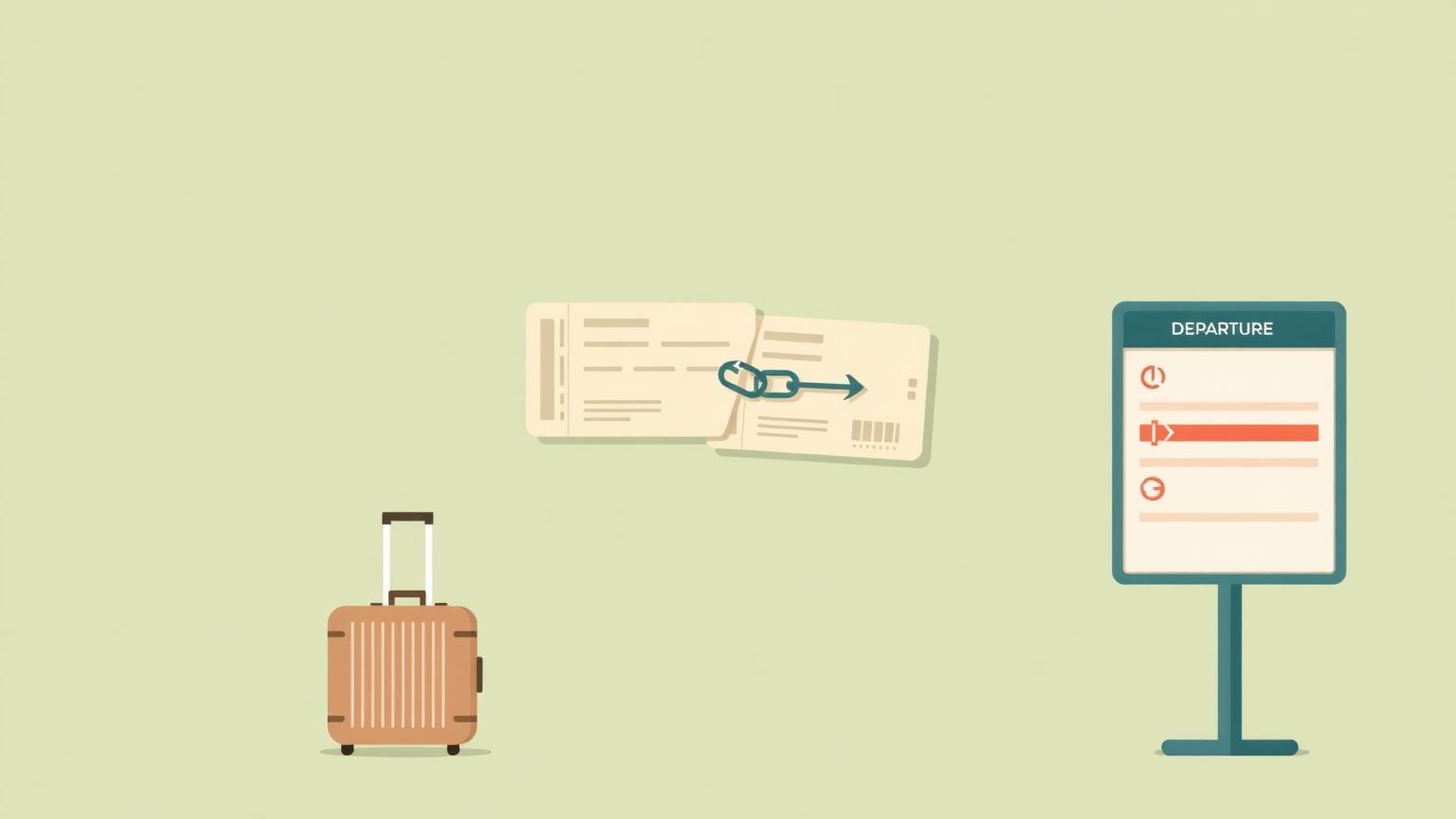 Flat illustration of two separate boarding passes with a broken chain link, a suitcase, and a delayed departure board