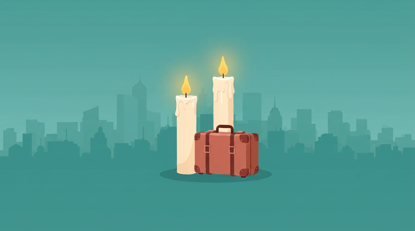 Illustration of Shabbat candles next to a suitcase against a city skyline