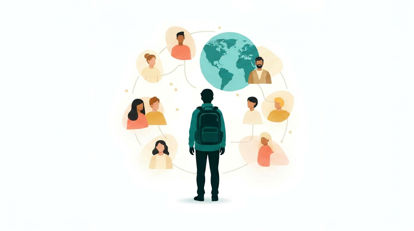 Illustration of a solo traveler with a backpack connecting with people around the globe
