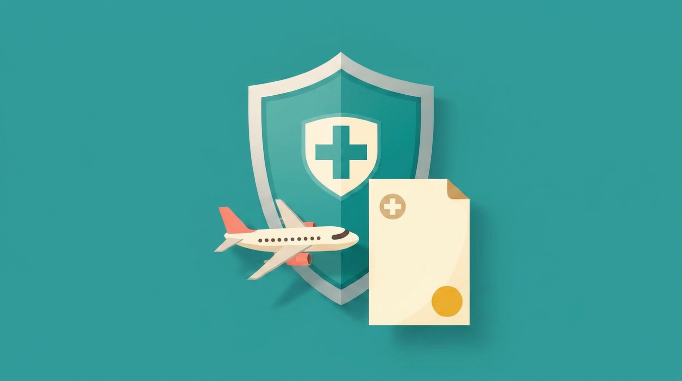 Illustration of a protective shield with medical cross, airplane, and insurance document