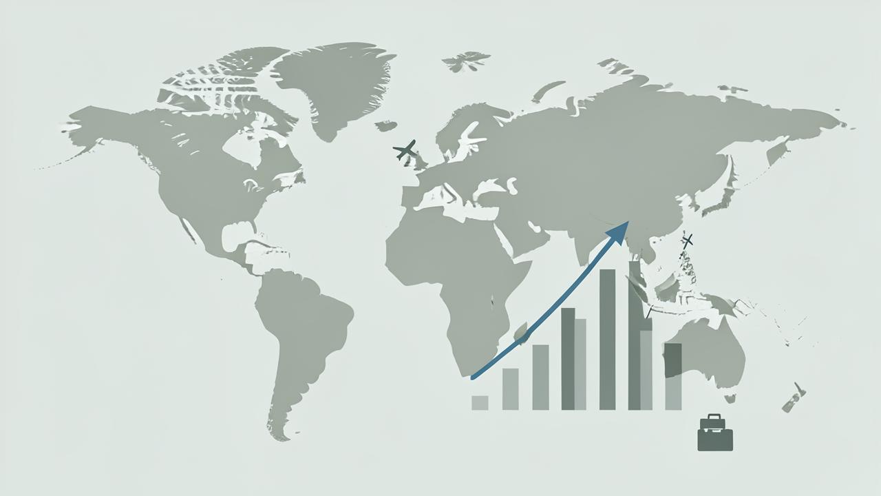 Flat illustration of a world map with rising bar charts over the Mediterranean and Latin America