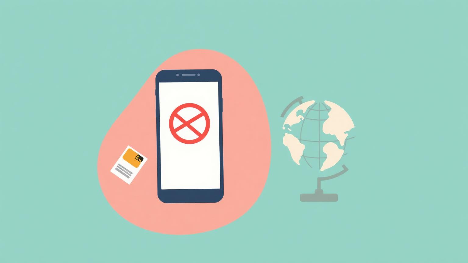 Illustration of a smartphone with a no-signal icon, a SIM card, and a globe