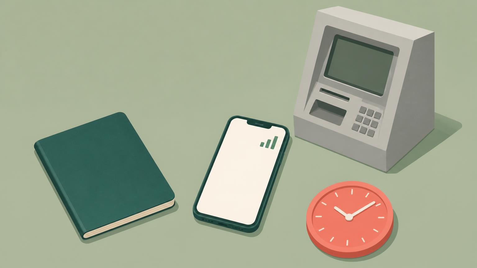 Flat illustration of a passport, smartphone with signal bars, cash machine, and a clock